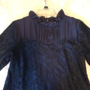 Navy Blue Lace Midi Dress with Ruffled Collar